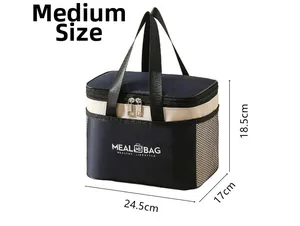 Detail of insulated lunch bag with mesh side pocket and zipper closure for meal storage