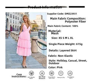 Robe longue rose à volants en tulle pour l'été avec empiècements en mesh et bretelles