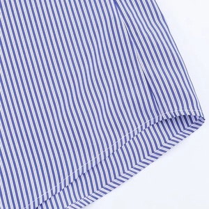 Vue détaillée des rayures verticales bleues et blanches et de la couture de l'ourlet arrondi