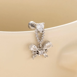 Surgical steel stud earring with sparkling heart zircon and butterfly drop pendant