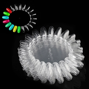 Macro view of 20-slot oval nail art color display rings in clear plastic and vibrant samples