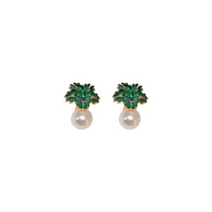 Elegant gold flower earrings with green crystal petals and a white round pearl pendant