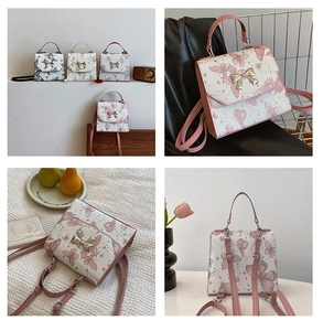 Detail view of butterfly printed PU backpacks with decorative metallic bow closures