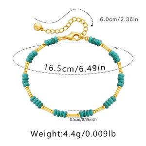 Detail view of handmade turquoise beaded bracelet with brass hardware and size dimensions
