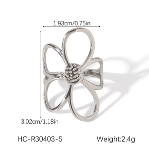 Detailed size specifications for hollow flower ring showing 1.93cm width and 3.02cm height