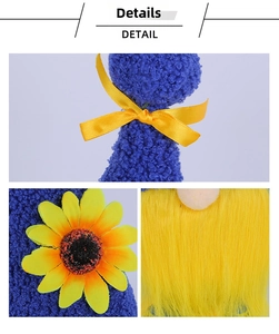 Close-up of plush sunflower gnome with blue textured fabric and yellow ribbon detail