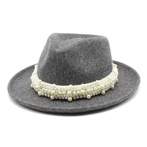 Sombrero Fedora clásico de lana gris para hombre y mujer con elegante ribete de perlas