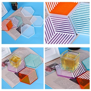Hexagon striped coaster silicone mold set with colorful DIY resin coaster samples