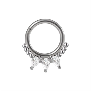 Polished silver nose ring with three pear-shaped crystals and metallic bead accents