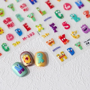 Stereoskopische 3D-Monster und Buchstaben Nagelaufkleber mit bunten geprägten Motiven