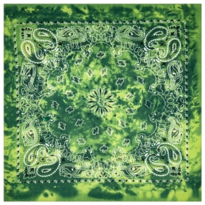 Close-up of green tie-dye paisley bandana made of breathable polyester material