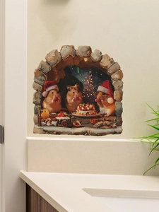 Sticker mural 3D détaillé avec hamsters de Noël partageant un gâteau dans un trou cosy
