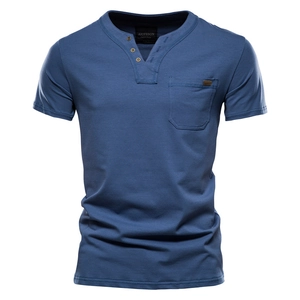 Men Henley Shirt Pure Cotton Short Sleeve Slim Fit Casual Solid Color Tee With Chest Pocket