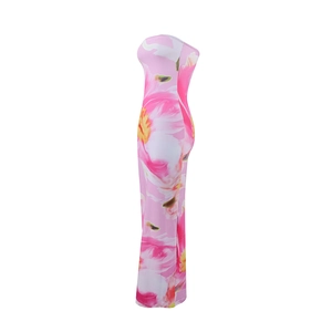 Detail of a pink floral strapless maxi dress with a slim-fit silhouette on mannequin