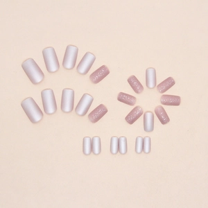Short square press-on nails in matte pink and glitter champagne colors 24-piece set