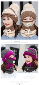 Close-up of women's knitted beanie, neck warmer and face mask with breathing valve