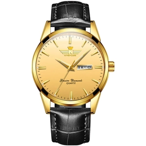 Classic men's quartz watch with gold case, black leather strap and day-date display