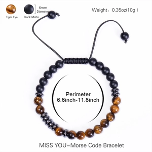 Morse code tiger eye bead bracelet with adjustable cord and size specifications