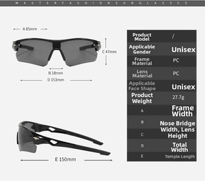Detailed size chart for PC cycling sunglasses showing dimensions and weight specifications