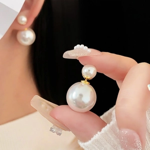 Elegant Double Artificial Pearl Stud Earrings Copper Faux Artificial Pearl Two-Way Minimalist Jewelry For Women Stainless Steel Earring Post