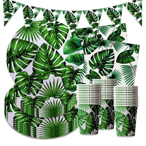 Tropical palm leaf party tableware set with monstera paper plates, cups and napkins