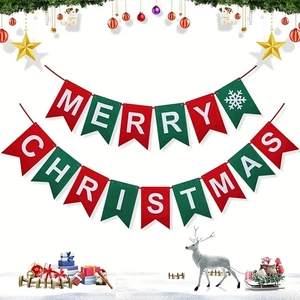 Festive red and green Merry Christmas felt banner with snowflakes for party decoration