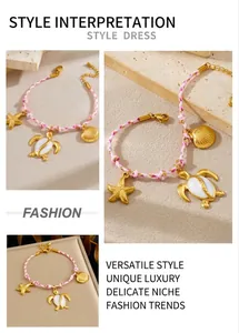 Detail of bohemian ocean-themed woven bracelet with turtle, starfish and shell charms