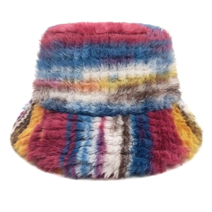 Colorful striped plush bucket hat in fuzzy faux fur for winter warmth and fashion