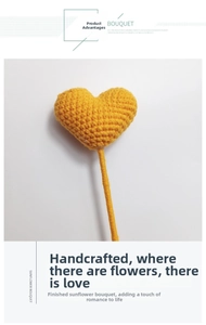 Detail of yellow hand-knitted heart sunflower bouquet with clear crochet textures