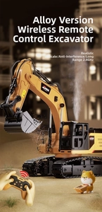 Detail view of alloy remote control excavator with 2.4GHz wireless controller and smoke effect