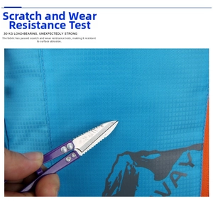 Macro test of scratch-resistant blue fabric on backpack showing durable texture and zipper