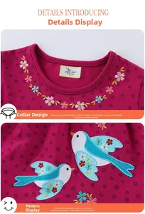 Dettaglio vestito da bambina rosa con scollo rotondo, ricami floreali e applique di uccelli