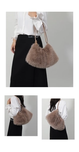 Détail du sac à main en fausse fourrure en forme de cœur avec anses beiges en marron