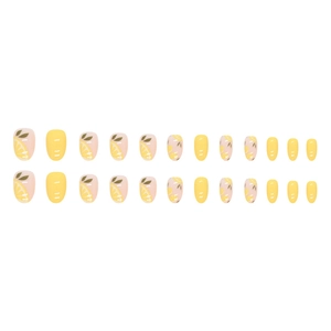 Set of 24 yellow oval press-on nails featuring fresh lemon and leaf summer art patterns