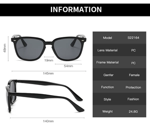 Detailed size chart for black square sunglasses showing 145mm frame width and PC material