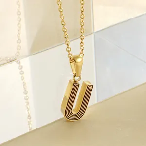 Collier Pendentif Lettre Alphabet Acier Inoxydable Or 18K Minimaliste Motif Lignes Noires Bijoux Pour Femmes