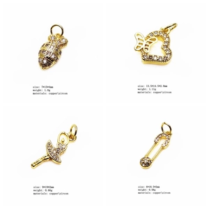 Detailed view of four gold-plated copper charms with cubic zirconia inlay and dimensions