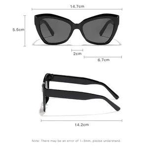 Detailed size specifications for oversized cat-eye sunglasses with frame and lens dimensions