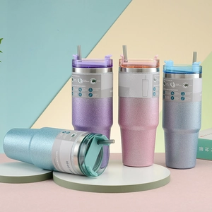 Detail of 30oz glitter and matte insulated tumblers with multifunctional lids and straws