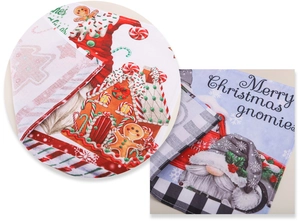 Detail of Christmas table mat showing linen texture, gnome print and fine stitching