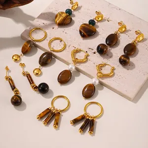 Stainless Steel Gold Plated Tiger Eye Dangle Earrings Vintage Bohemia Heart Geometric Jewelry Artificial Pearl Green Stone Women