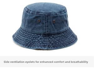 Detail view of denim bucket hat showing metal ventilation eyelets and stitched brim