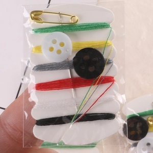 Portable mini sewing kit with 6 color threads, needle, buttons and safety pin in pouch