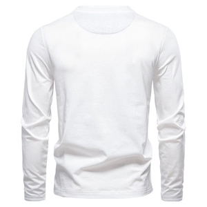 Rear view of white slim fit long sleeve henley t-shirt with smooth knitted texture