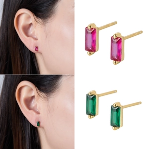 Detailed close-up of S925 sterling silver rectangular earrings with colorful zircon stones