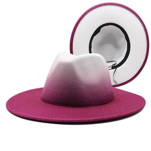 Detail of gradient wool fedora hat showing wide brim and adjustable inner drawstring