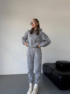 Ensemble deux pièces sweat à capuche et jogging gris délavé à l'acide pour femmes
