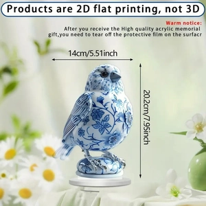 Detail view of 2D flat printed acrylic ornament with blue floral bird motif and 20cm height
