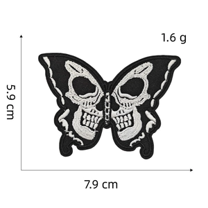 Black and white skull butterfly embroidered patch, dimensions 7.9x5.9cm weighing 1.6g