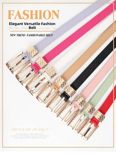 Detail of eight colorful slim leather belts with gold buckles and hollow metal rings
